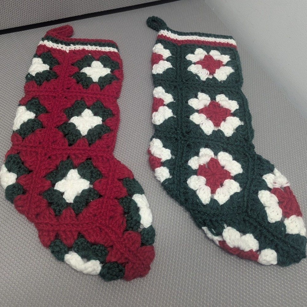 Vintage Handmade Crochet Granny Square Christmas Stockings Red Green White Set 2